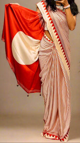 White and Red Striped Contemporary Satin Crepe Modal Silk Saree